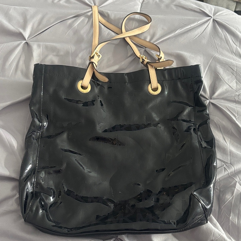 Michael Kors Black Patent Tote with Tan Straps